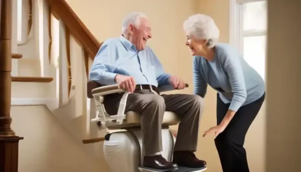 Ein älteres Ehepaar am Fuß einer Treppe. Der Mann sitzt auf einem Treppenlift. Die beiden lachen.