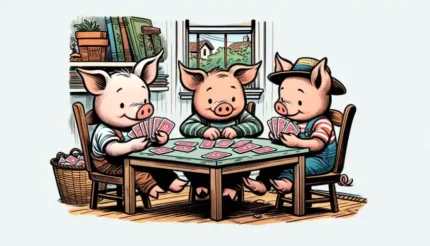 Eine Zeichnung von drei kleinen,m glücklichen Schweinchen, die Karten spielen