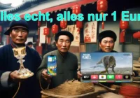 Drei Chinesen halten ein iPhone, einen Fernseher und den Heiligen Gral in Händen. Darüber steht: Alles echt, alles nur ein Euro