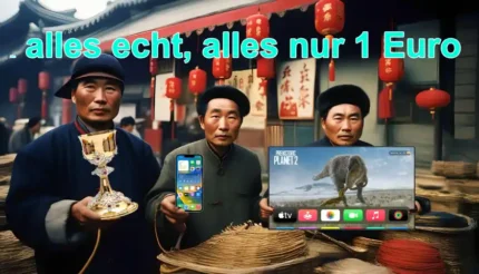 Drei Chinesen halten ein iPhone, einen Fernseher und den Heiligen Gral in Händen. Darüber steht: Alles echt, alles nur ein Euro