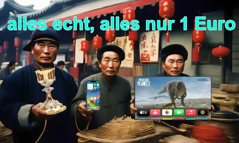 Drei Chinesen halten ein iPhone, einen Fernseher und den Heiligen Gral in Händen. Darüber steht: Alles echt, alles nur ein Euro