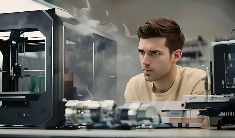 Ein 3D-Drucker fängt an zu brennen und ein junger Mann schaut ganz erstaunt