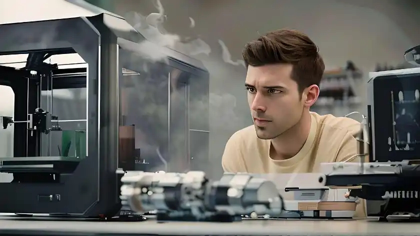 Ein 3D-Drucker fängt an zu brennen und ein junger Mann schaut ganz erstaunt