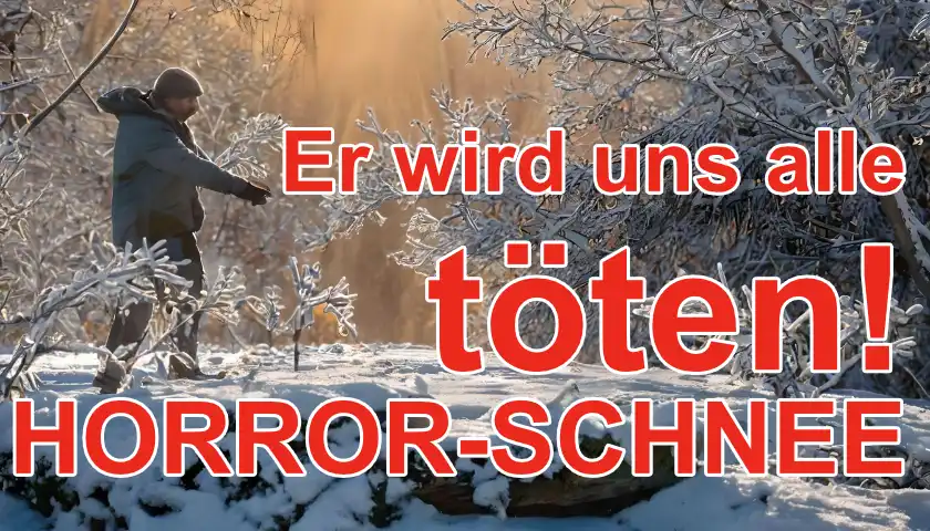 Ein Mann steht im Freien und zeigt erstaunt auf etwas Schnee auf dem Boden