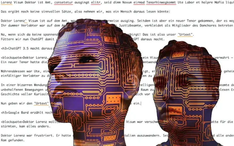 zwei Roboterköpfe vor einen stilisierten Text