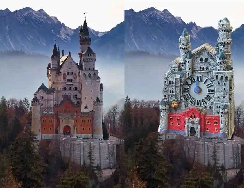 Neuschwanstein einmal im Original und einmal als kleine Uhr aus Gips