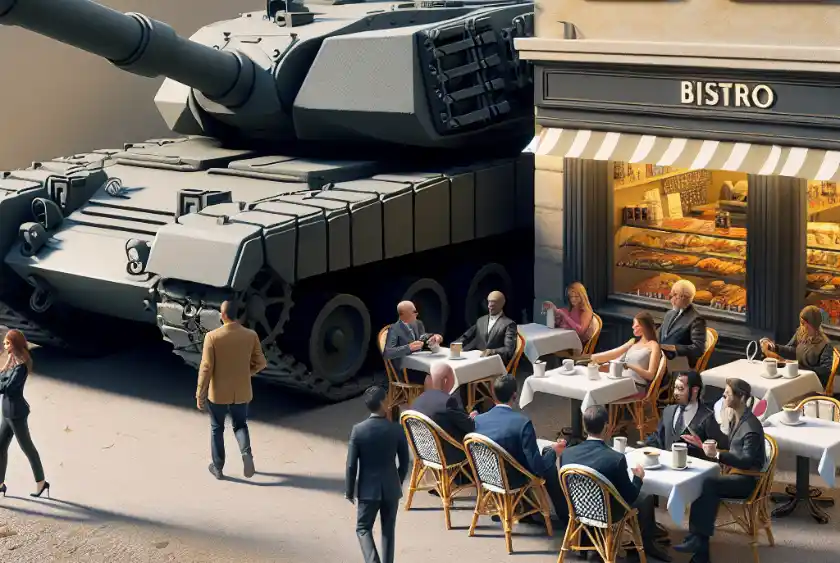 Ein Bistro, vor dem einige Gäste sitzen und in der Seitenstraße ist ein Panzer geparkt