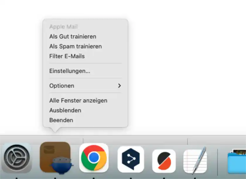 Ein Bildschirmfoto vom Dockmenü des Programmes Spam-Siieve