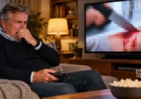 Älterer Mann reagiert mit sichtbarem Unbehagen auf eine Verletzungsszene im Fernsehen
