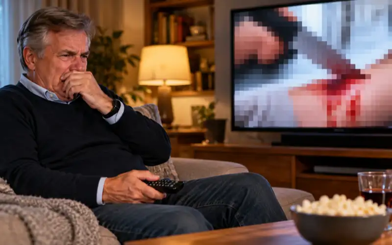 Älterer Mann reagiert mit sichtbarem Unbehagen auf eine Verletzungsszene im Fernsehen