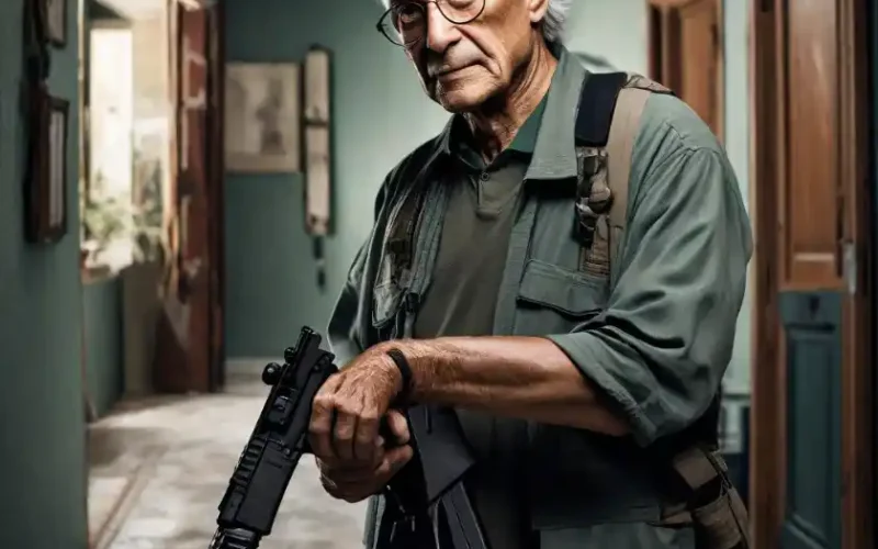 Ein älterer Herr mit einem Sturmgewehr